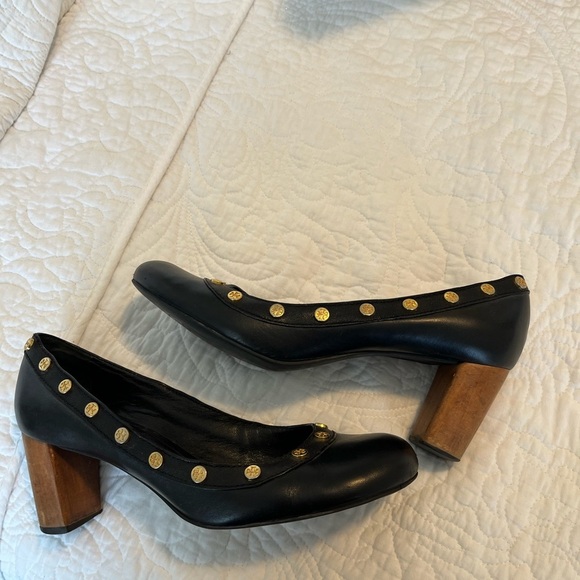Tory Burch Black Leather Heels with Gold Studs EUC - Picture 7 of 8